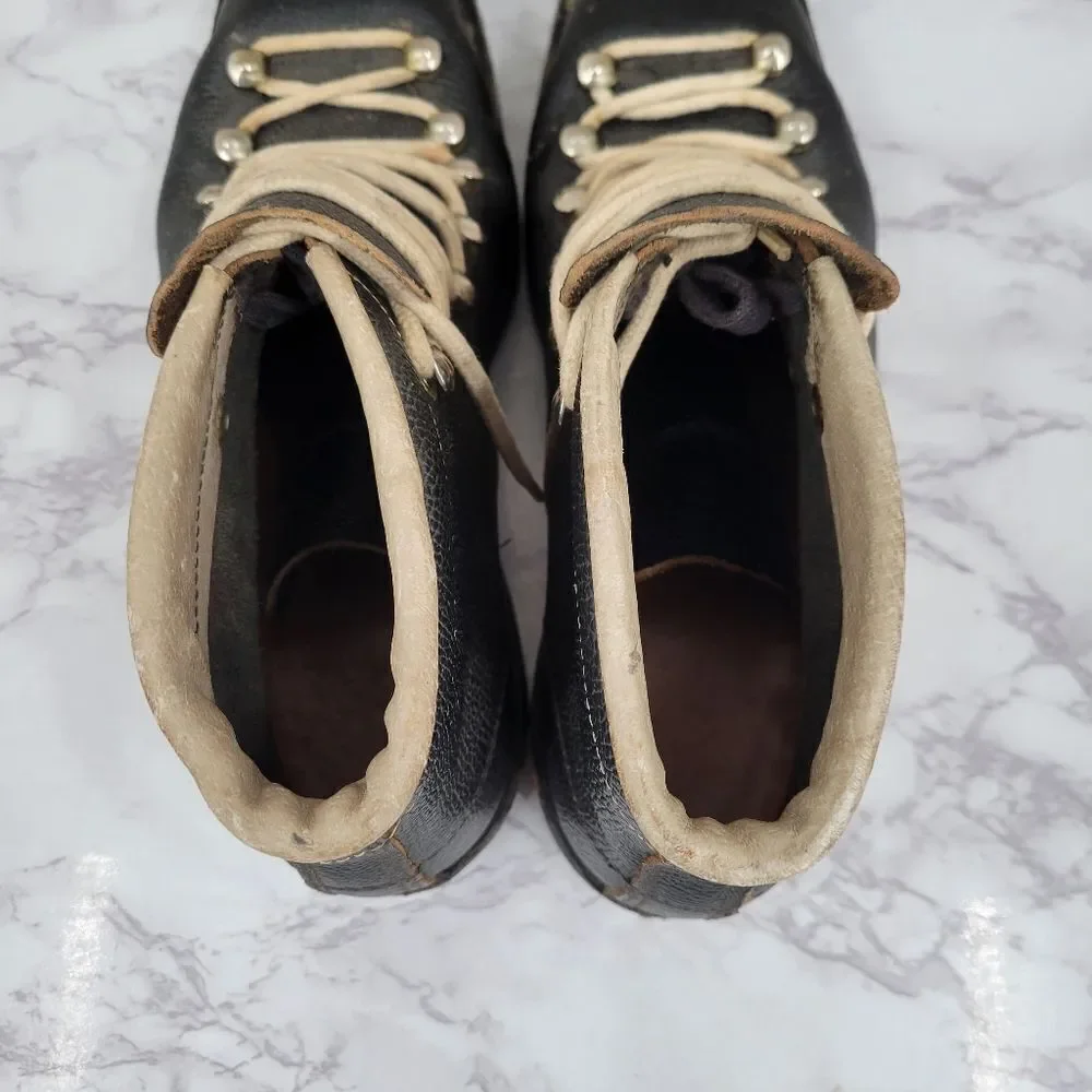 Vintage Black Leather Cross Country Ski Boots Double Tongue Double Laces